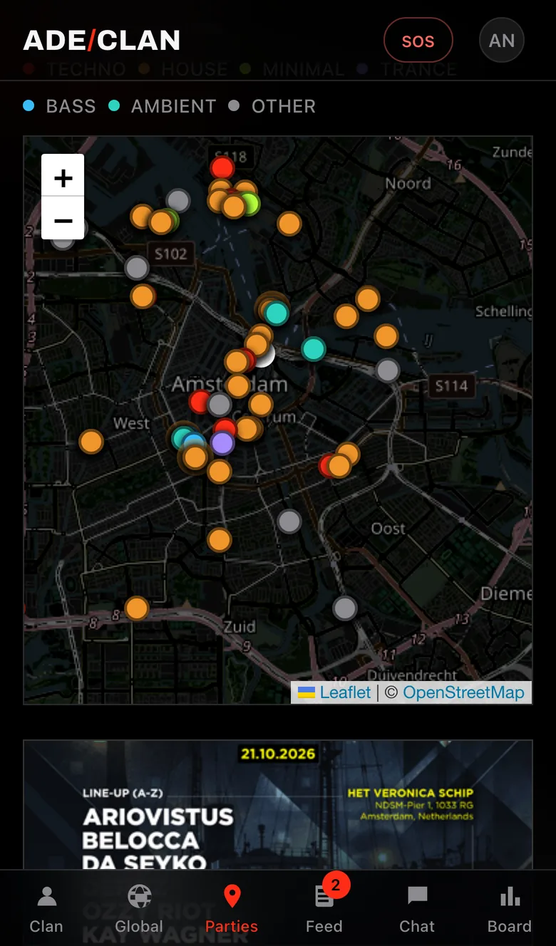 Party map screen: filters by day and genre, and the pins on Amsterdam