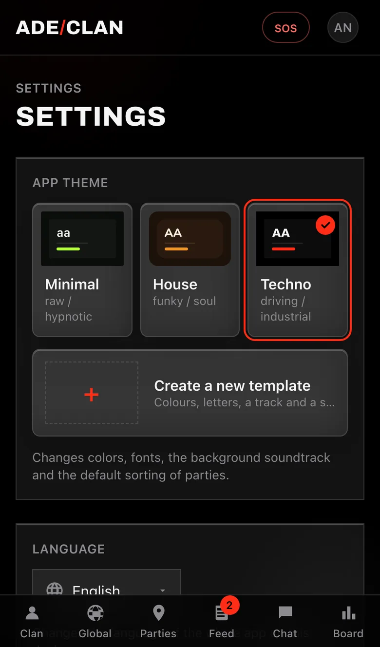 Settings screen: the three templates and the card to create a new one